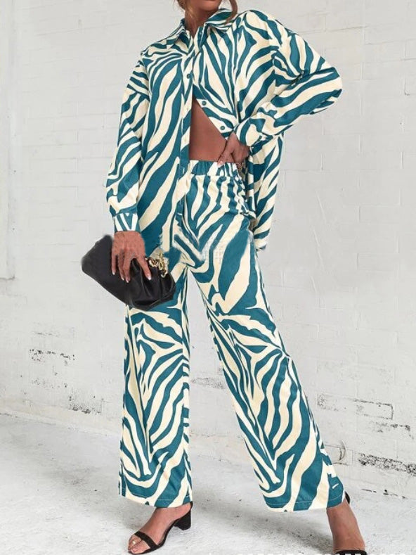 Women's Sets Striped Print Long Sleeve Shirt & Pants Two-Piece Set