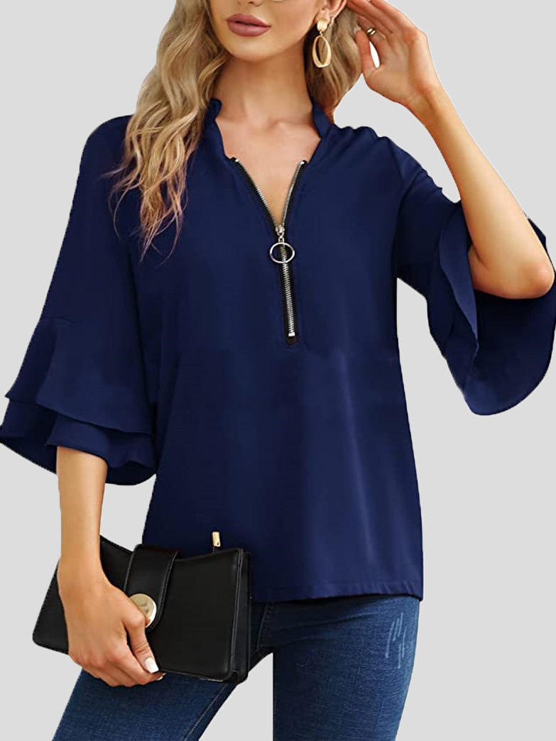 Women's Blouses V-Neck Zip Layered Flare Sleeves Blouse