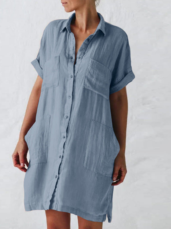 Women's Dresses Lapel Short Sleeve Pocket Shirt Dress