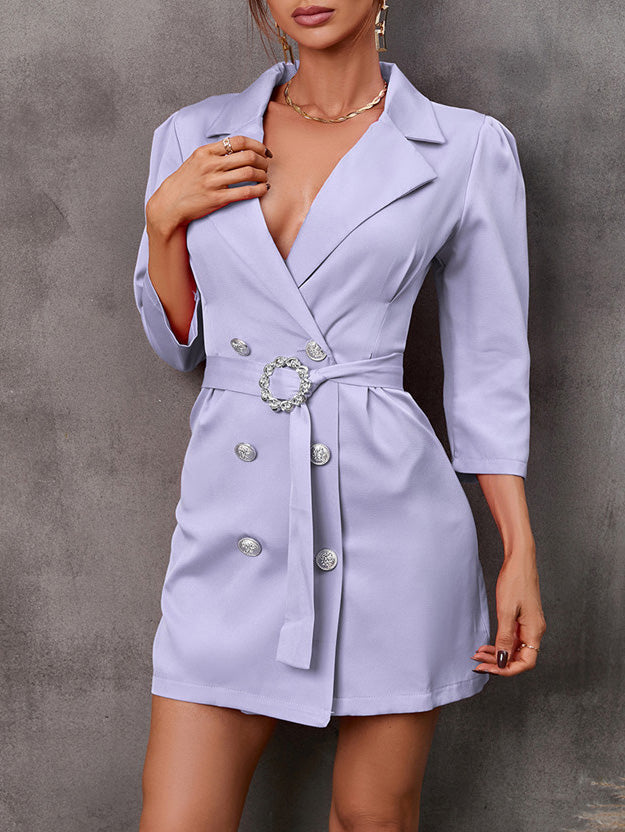 Women's Dresses Solid Double-Breasted Belted Blazer Dress