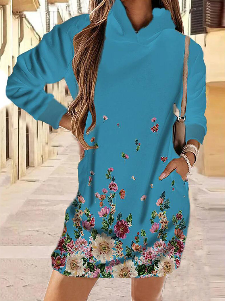 Women's Dresses Floral Print Pocket Long Sleeve Hooded Dress