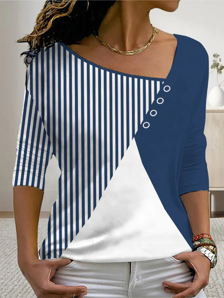 Women's T-Shirts V-Neck Colorblock Printed Long Sleeve Casual T-Shirt