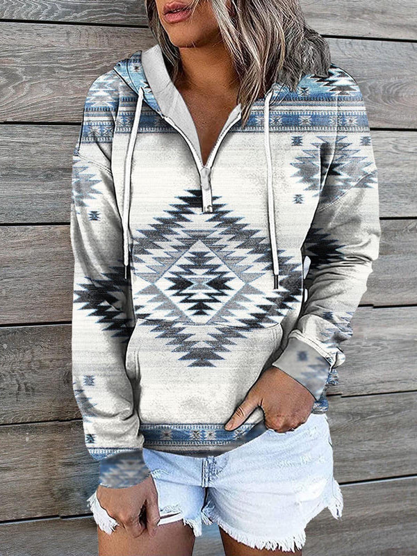 Women's Hoodies Vintage Print Zip Pocket Casual Hoody