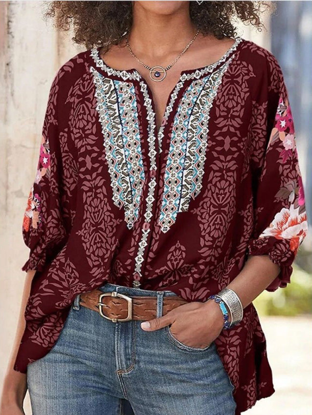 Women's Blouses Loose Vintage Print Long Sleeve Blouses