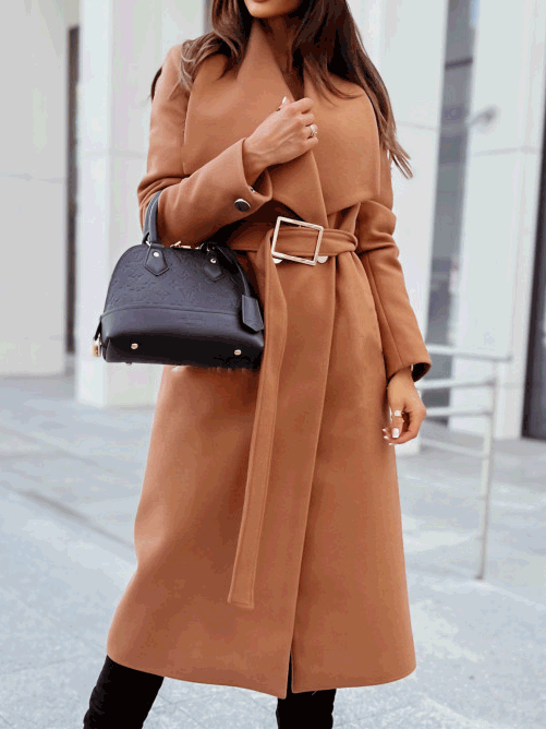 Women's Coats Simple Lapel Button Tie Wool Coat