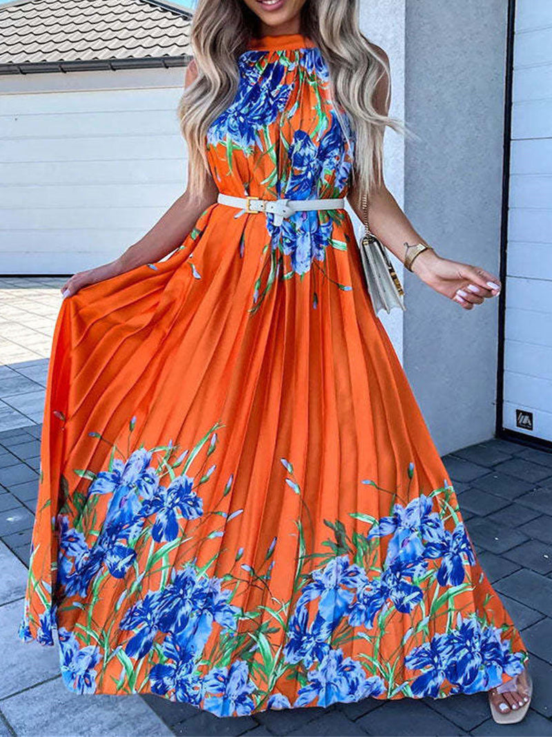 Women's Dresses Halterneck Off-Shoulder Pleated Print Dress