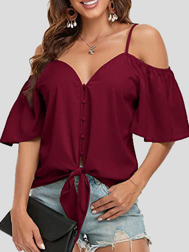 Women's Blouses Sling Single Breasted Knotted Off Shoulder Blouse