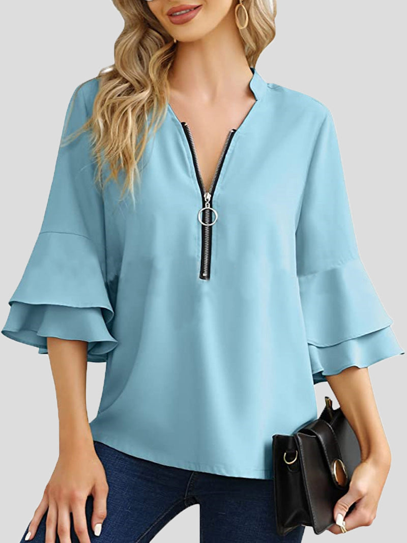 Women's Blouses V-Neck Zip Layered Flare Sleeves Blouse