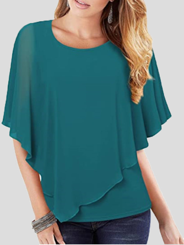 Women's T-Shirts Solid Flowy Short Sleeve Chiffon T-Shirt