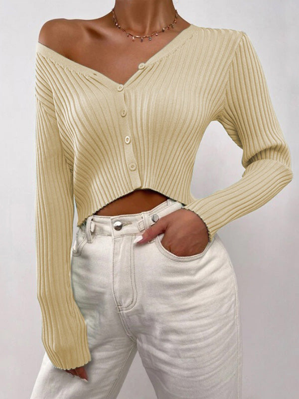 Women's Sweaters Solid V-Neck Button Knit Sweater