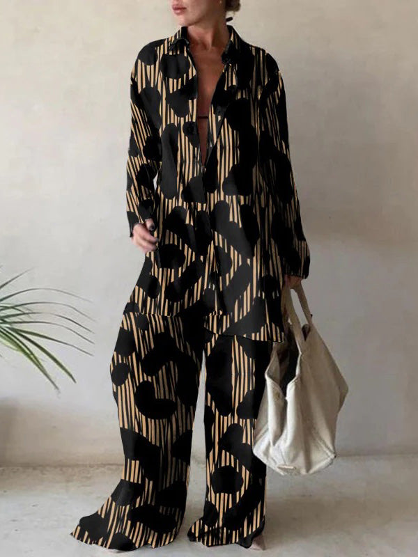 Women's Sets Printed Long Sleeve Shirt & Straight Pants Two-Piece Set