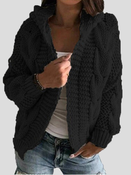 Women's Cardigans Solid Twist Knit Hooded Sweater Cardigan
