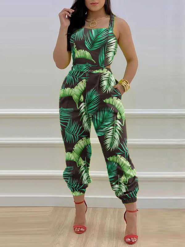 Women's Jumpsuits Leaf Print Sling Pocket Sleeveless Jumpsuit