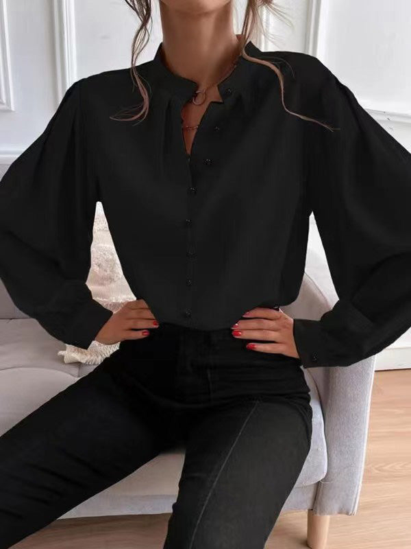 Women's Blouses Solid Lapel Button Long Sleeve Blouse