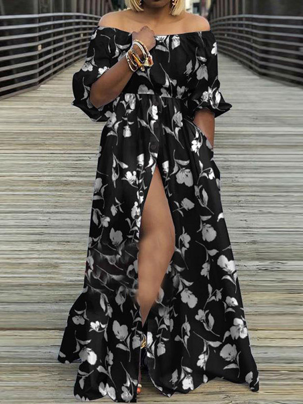 Women's Dresses One-Shoulder Button Slit Print Dress