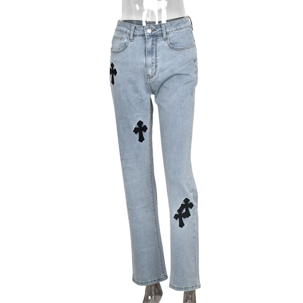 Vintage Cross Printed Baggy Jeans Low Waist Denim Trouser