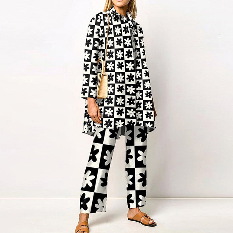 Two Piece Fashion Lapel Printed Long Sleeve Top Pant Set