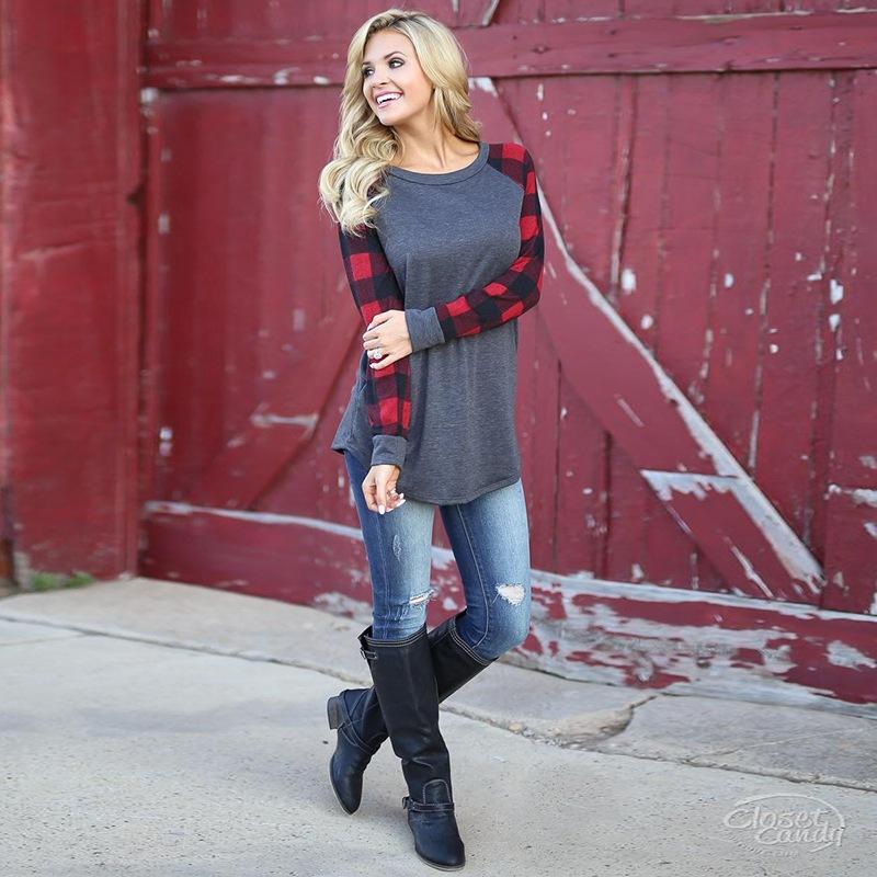 Plaid Long Sleeve Pullover Crew Neck Top