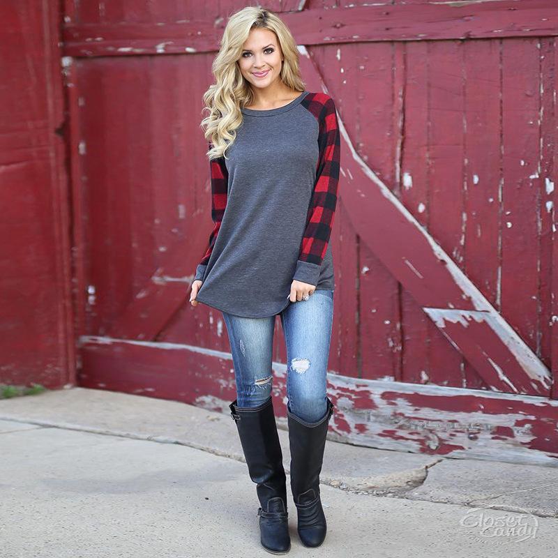 Plaid Long Sleeve Pullover Crew Neck Top