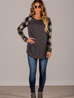Wheat Plaid Long Sleeve Pullover Crew Neck Top
