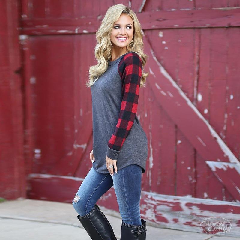 Wheat Plaid Long Sleeve Pullover Crew Neck Top