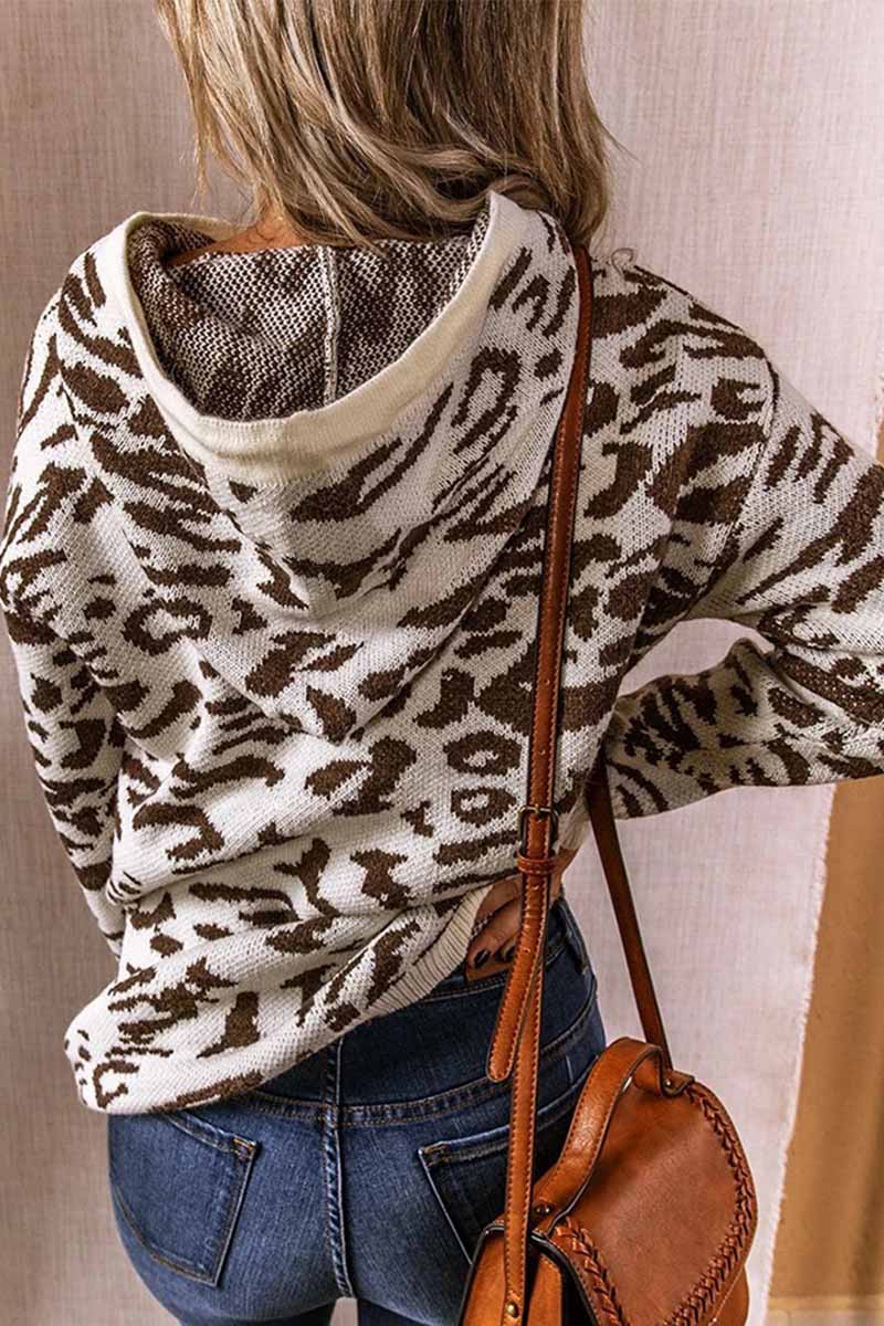 Leopard Knit Drawstring Hood Tops