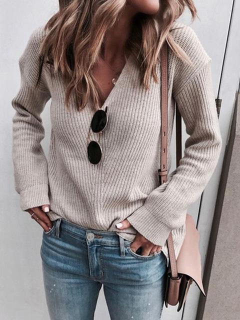 V-Neck Solid Color Knitted Sweater