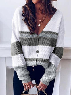 V-neck Button Stripe Sweater Cardigan