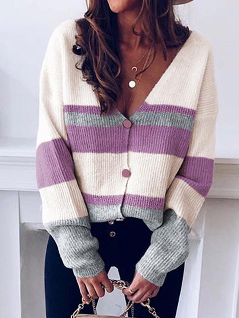 V-neck Button Stripe Sweater Cardigan