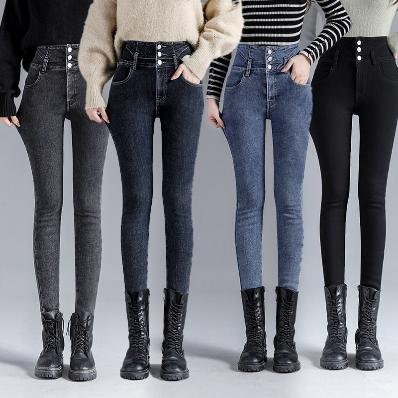 ZOENOVA Winter Thick Velvet Women High Waist Skinny Jeans Simple Fleece Warm Slim Fit Stretch Ladies Casual Denim Pencil Pants