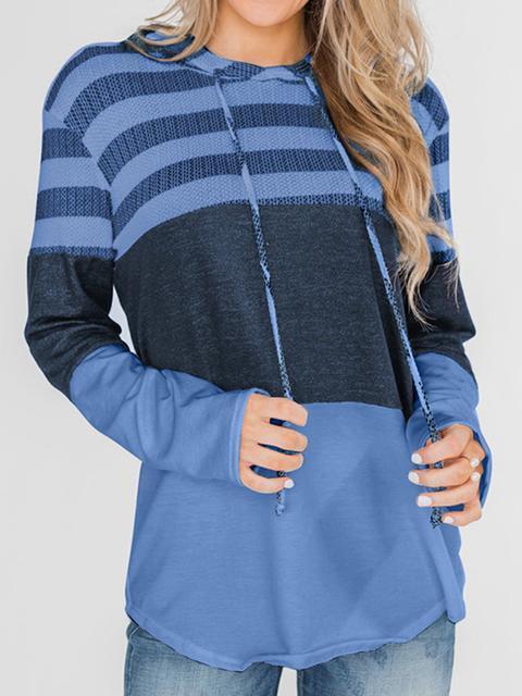 Striped Color Block Drawstring Casual Sweatshirt Hoodie