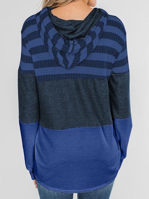 Striped Color Block Drawstring Casual Sweatshirt Hoodie