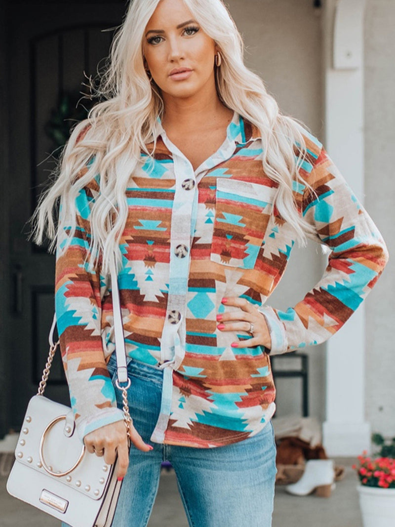 Multicolor Printed Buttoned Pocket Chest Long Sleeve T Shirt