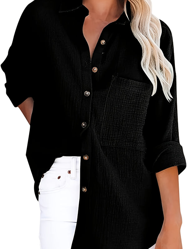 Solid Simple Long Sleeve V Neck Button Blouse