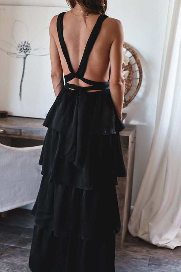 She's Angelic Satin Backless Tiered Maxi Dress