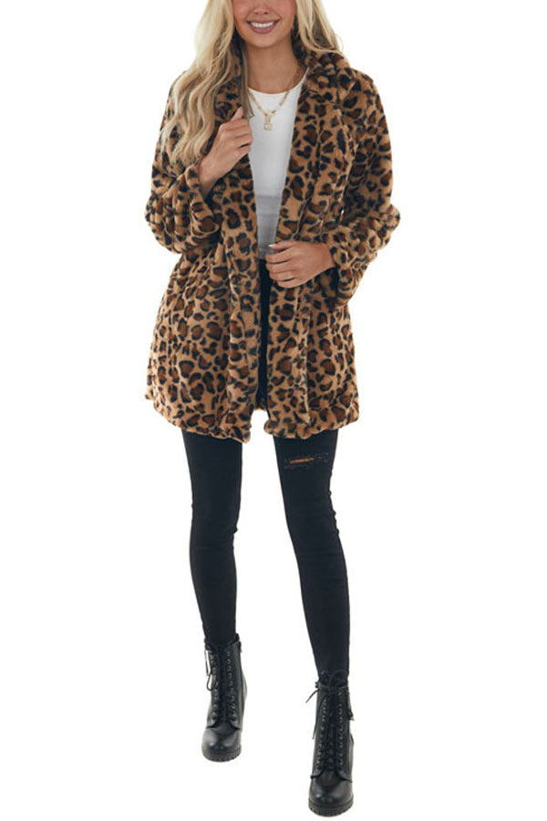 Serene Snowfall Pocketed Leopard Plush Coat
