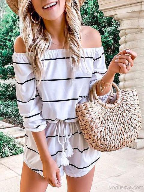 Off Shoulder Striped One-piece Rompers