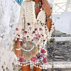 Romantic Vacation Style V-Neck Floral Pleated Dress-