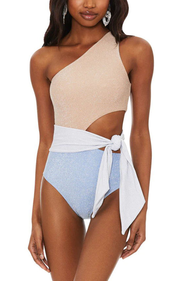Seaside Sparkle Bandage Waist Cutout One-piece Swimsuit