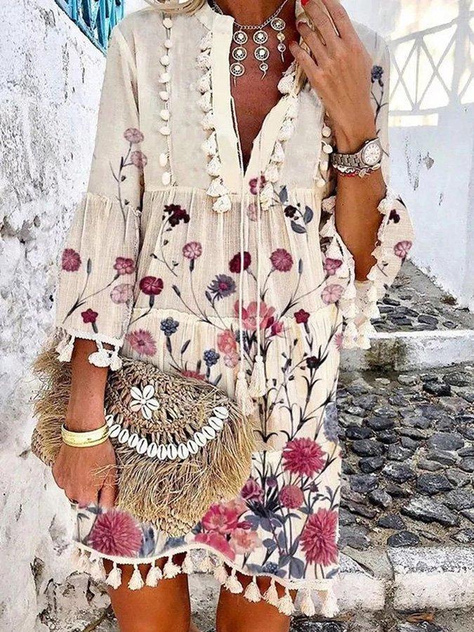 Romantic Vacation Style V-Neck Floral Pleated Dress-