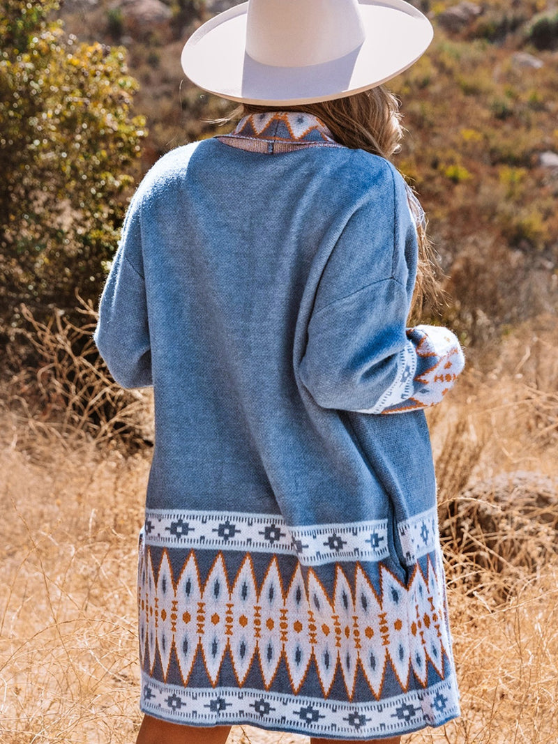 Blue Aztec Print Open Front Knitted Cardigan Sweater