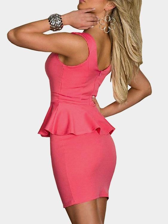 Pink Cut Out Flounce Peplum High-waist Sleeveless Sexy Party Dress - Landing Closet