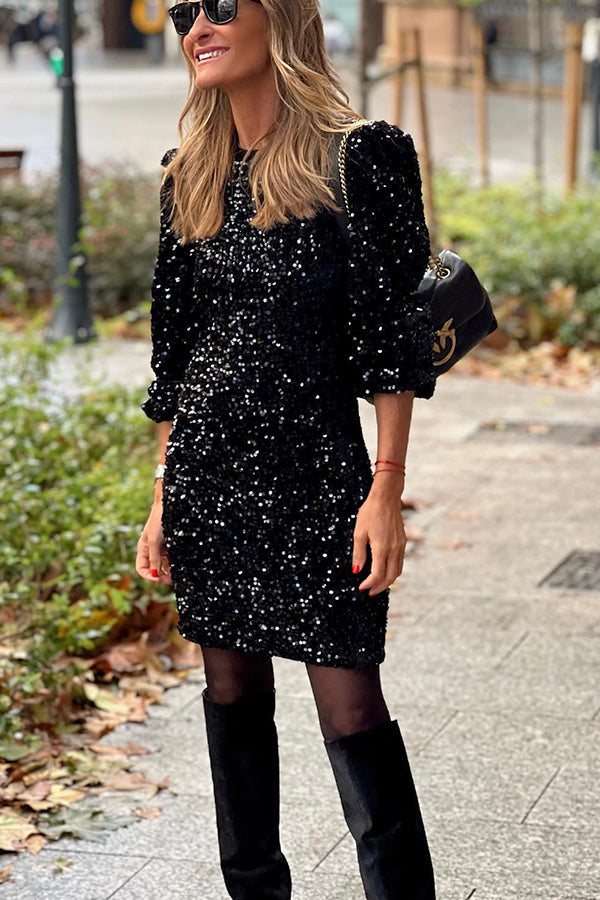 All That Glitters Puffy Sleeves Sequins Mini Dress