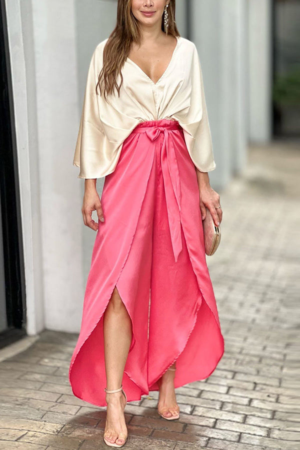 Secret Happiness Bat Sleeves Satin Drape Pants Suit