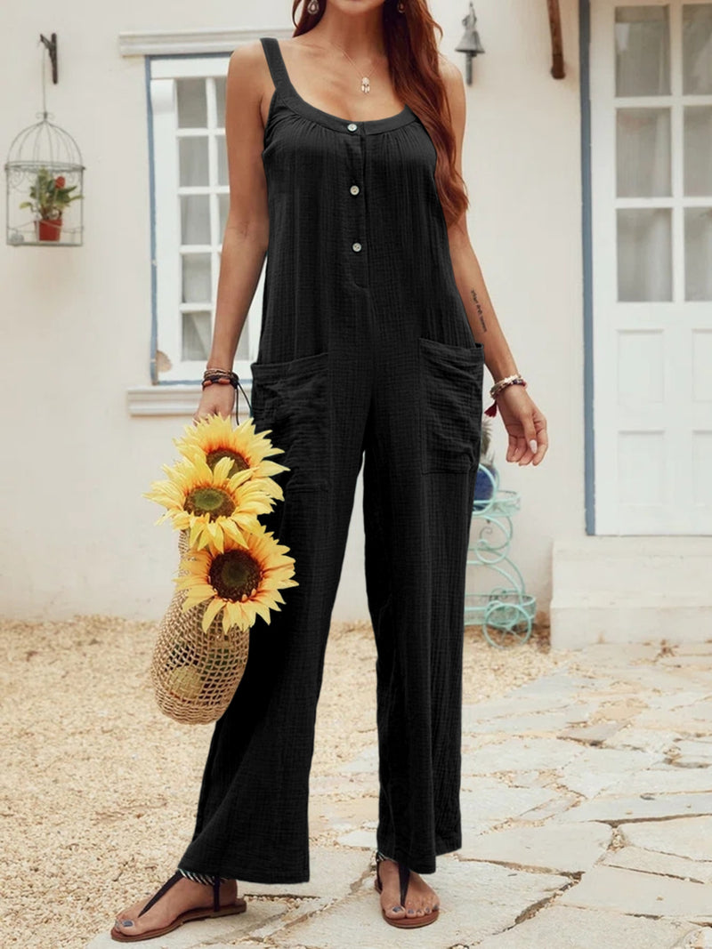 Casual High Waist Spaghetti Jumpsuit, Solid Fashion Sleeveless Button Slim Fitting Jumpsuit, Women's Clothing