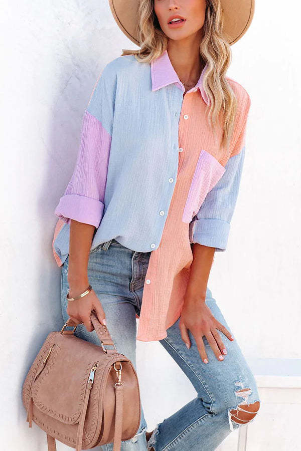 Color Block Textured Button Shirt with Pocket