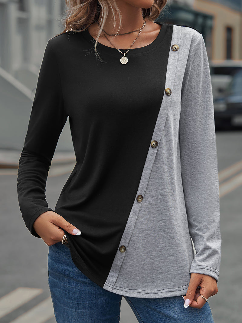 Two-Toned Cross Button Top, Crew Neck Long Sleeve Shirt, Casual Tops, Women's Clothing
