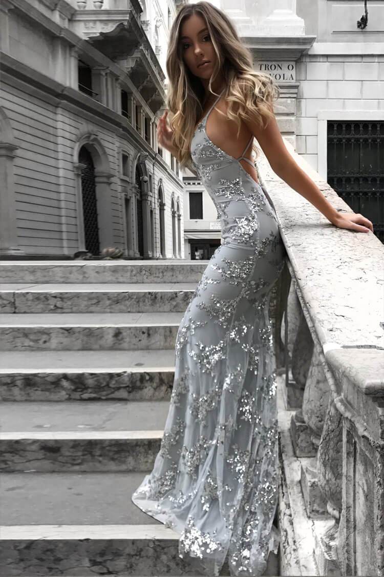 Backless Sequin Embellished Maxi Prom Evening Dress