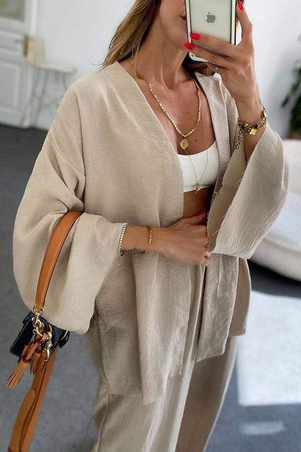 Solid Wide Leg Kimono Suit