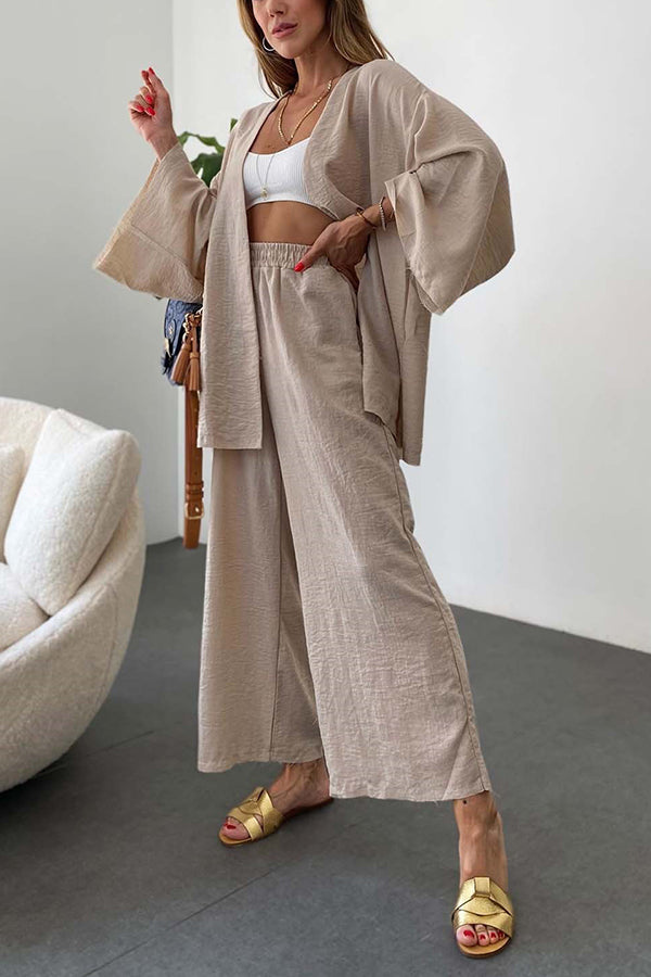 Solid Wide Leg Kimono Suit